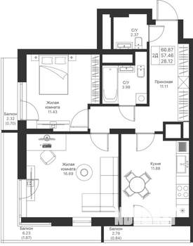 2-к квартира, вторичка, 61м2, 17/24 этаж