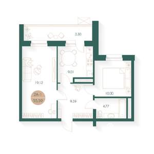 2-к квартира, строящийся дом, 55м2, 15/17 этаж