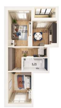 2-к квартира, вторичка, 64м2, 7/17 этаж