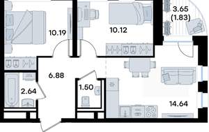 2-к квартира, вторичка, 48м2, 7/10 этаж