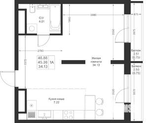 1-к квартира, вторичка, 47м2, 13/25 этаж