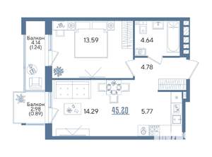 1-к квартира, строящийся дом, 45м2, 3/13 этаж