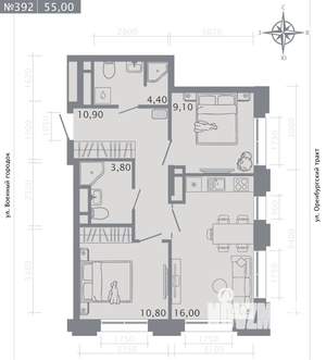 2-к квартира, строящийся дом, 55м2, 4/25 этаж