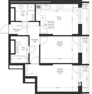 2-к квартира, вторичка, 59м2, 17/24 этаж