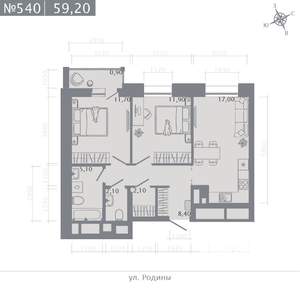 2-к квартира, строящийся дом, 59м2, 14/23 этаж