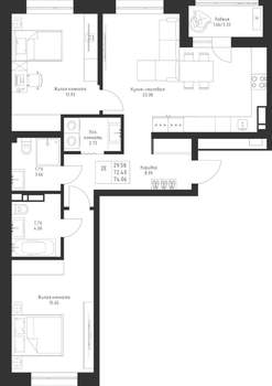 2-к квартира, вторичка, 74м2, 3/23 этаж