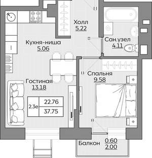 2-к квартира, вторичка, 38м2, 6/24 этаж