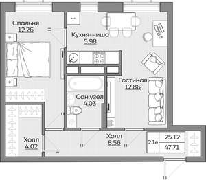 2-к квартира, вторичка, 48м2, 13/24 этаж