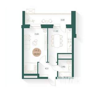 1-к квартира, вторичка, 39м2, 7/17 этаж