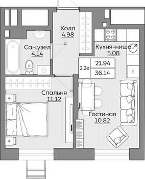 2-к квартира, вторичка, 36м2, 13/24 этаж