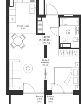 1-к квартира, вторичка, 40м2, 7/24 этаж
