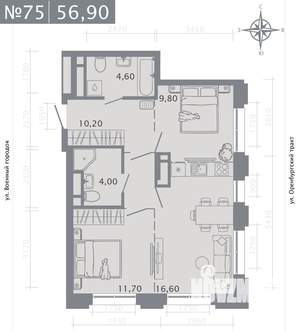 2-к квартира, строящийся дом, 57м2, 10/25 этаж