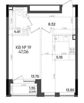 2-к квартира, вторичка, 47м2, 6/9 этаж