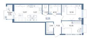 2-к квартира, вторичка, 63м2, 5/13 этаж