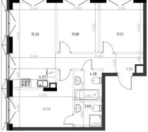 3-к квартира, строящийся дом, 71м2, 5/15 этаж