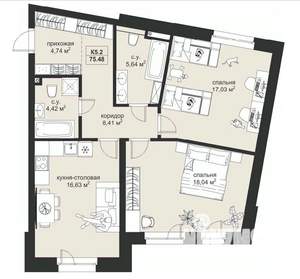 2-к квартира, строящийся дом, 75м2, 2/4 этаж