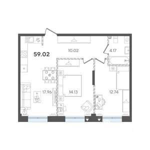 2-к квартира, строящийся дом, 59м2, 5/5 этаж