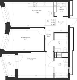 2-к квартира, вторичка, 67м2, 9/23 этаж