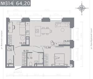 2-к квартира, строящийся дом, 64м2, 16/25 этаж