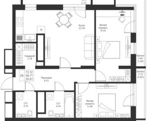 2-к квартира, вторичка, 72м2, 16/25 этаж