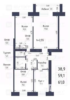 3-к квартира, вторичка, 60м2, 5/5 этаж