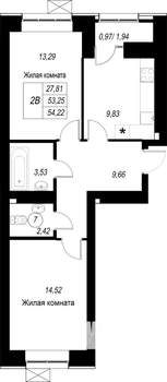 2-к квартира, строящийся дом, 54м2, 2/10 этаж