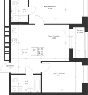 2-к квартира, вторичка, 65м2, 13/23 этаж