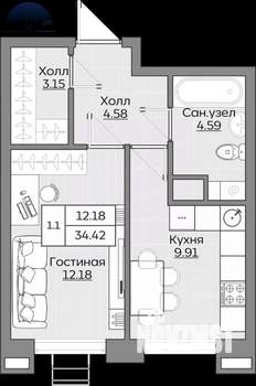 1-к квартира, вторичка, 34м2, 2/19 этаж