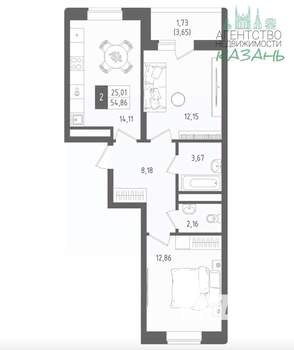 2-к квартира, вторичка, 54м2, 4/14 этаж