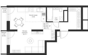 1-к квартира, вторичка, 41м2, 12/24 этаж