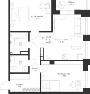 2-к квартира, вторичка, 66м2, 3/23 этаж