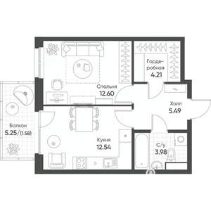 1-к квартира, строящийся дом, 40м2, 5/8 этаж