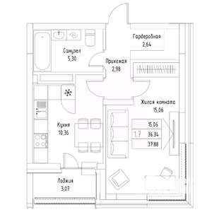 1-к квартира, вторичка, 38м2, 1/9 этаж