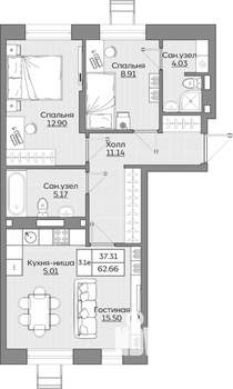 3-к квартира, вторичка, 63м2, 13/19 этаж