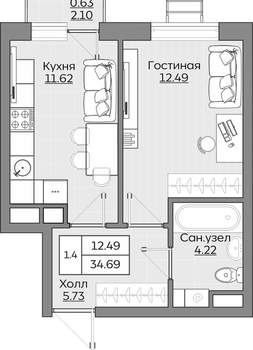 1-к квартира, вторичка, 35м2, 13/24 этаж