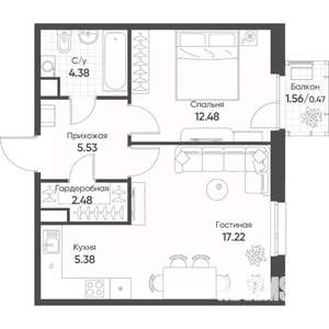 2-к квартира, строящийся дом, 48м2, 8/18 этаж