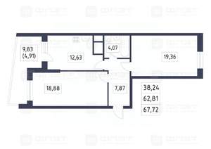 2-к квартира, вторичка, 68м2, 13/16 этаж