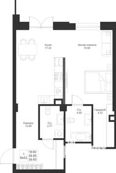 1-к квартира, вторичка, 60м2, 1/9 этаж