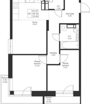 2-к квартира, вторичка, 61м2, 9/24 этаж