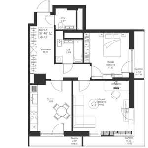 2-к квартира, вторичка, 61м2, 24/25 этаж