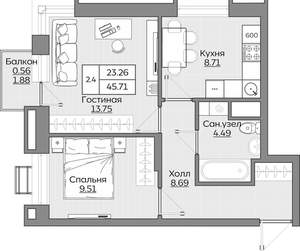 2-к квартира, вторичка, 46м2, 2/24 этаж