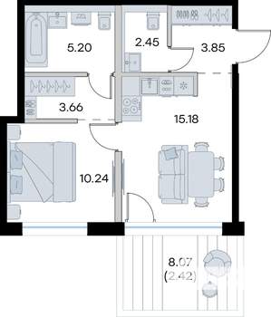 1-к квартира, строящийся дом, 43м2, 1/8 этаж