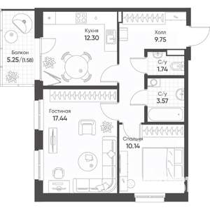 2-к квартира, строящийся дом, 57м2, 8/8 этаж