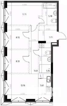 3-к квартира, вторичка, 74м2, 3/15 этаж