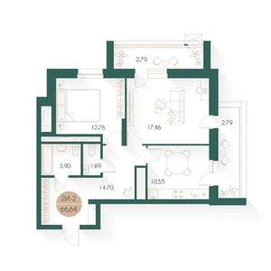 2-к квартира, строящийся дом, 67м2, 14/24 этаж