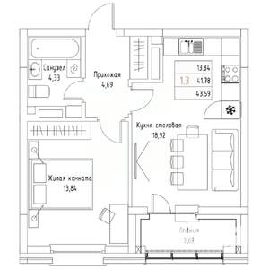 1-к квартира, вторичка, 44м2, 8/9 этаж