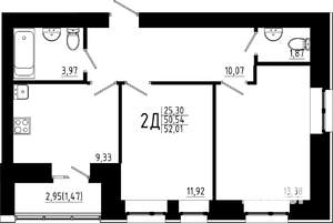 2-к квартира, строящийся дом, 52м2, 2/23 этаж