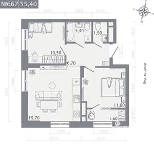 2-к квартира, строящийся дом, 55м2, 1/23 этаж