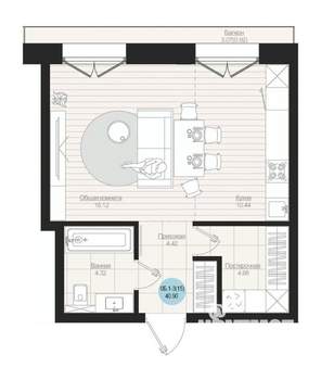 Студия квартира, вторичка, 41м2, 4/19 этаж