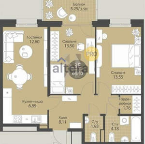 3-к квартира, вторичка, 66м2, 4/8 этаж